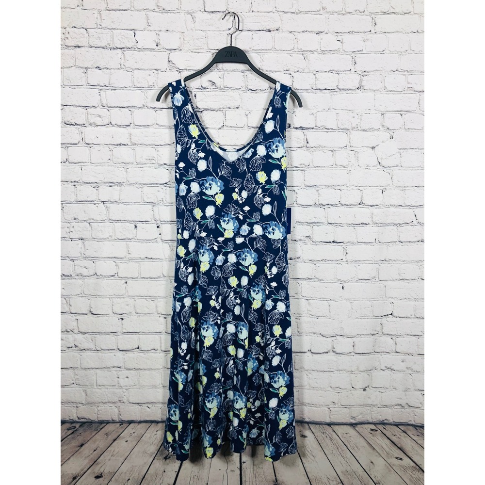 Apt. 9 Dress Womens L Floral Midi Navy Blue NWT Sleeveless V-Neck Knit Stretch